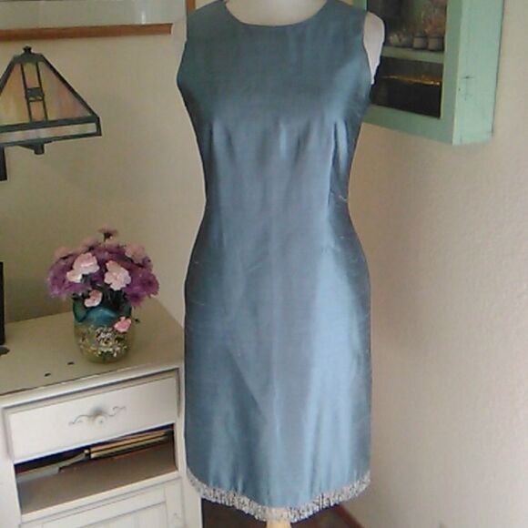 ICE Blue Silk Beaded Sheath Dress - Picture 1 of 10